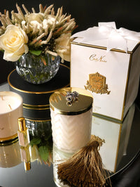 WHITE HERRINGBONE CANDLE WITH BELL LID - COCONUT BISCUIT