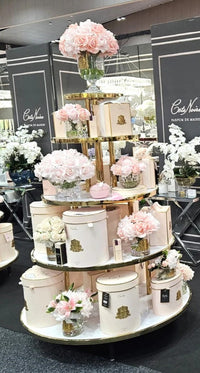 LUXURY CENTREPIECE - 37 ROSEBUDS IN MIXED PINK - GOLD BADGE - CPRB14