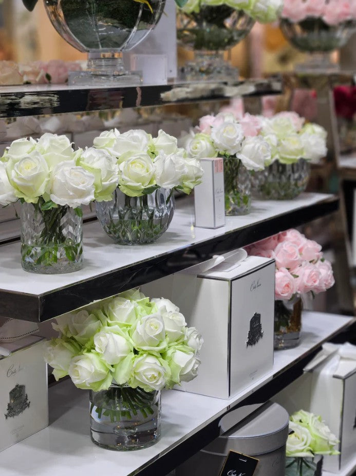 LUXURY CENTREPIECE - 37 ROSEBUDS IN GREEN & WHITE - SILVER BADGE - CPRB12