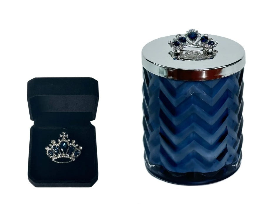COTE NOIRE - HERRINGBONE CANDLE WITH SCARF - NAVY & SILVER - CROWN LID - HCS05