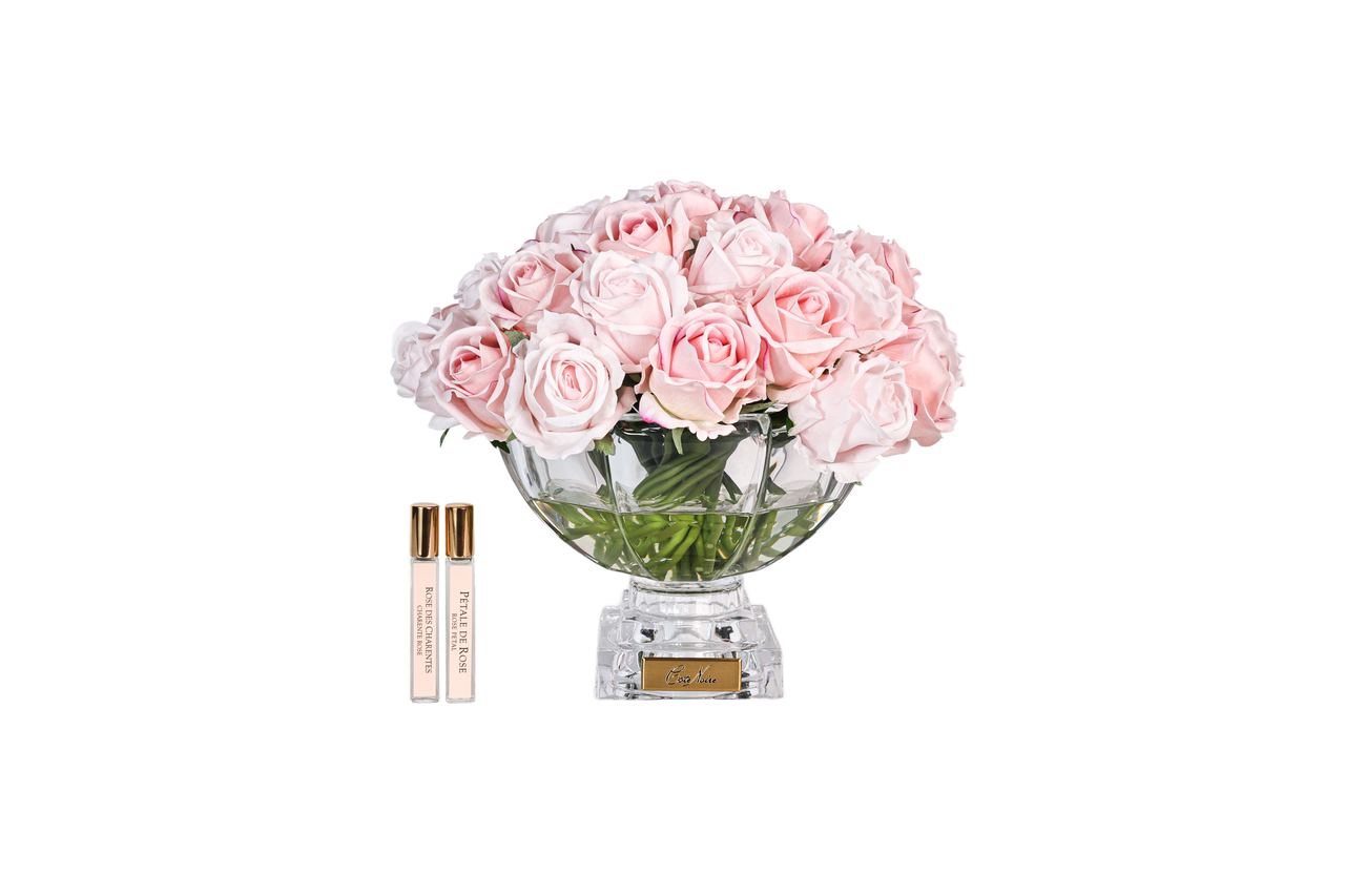 LUXURY CENTREPIECE - 37 ROSEBUDS IN MIXED PINK - GOLD BADGE - CPRB14