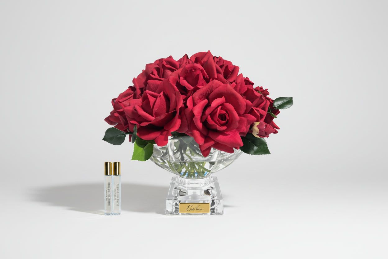 ** NEW ** Luxury Centrepiece -French Rose Bouquet in Burgundy & Gold badge - CPL04