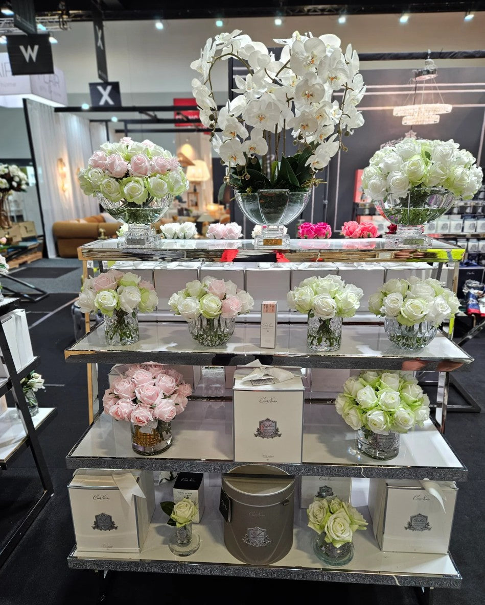 COTE NOIRE - LUXURY ROUND 13 ROSE BUDS BOUQUET IN FRENCH PINK & GREEN & WHITE - RRB13
