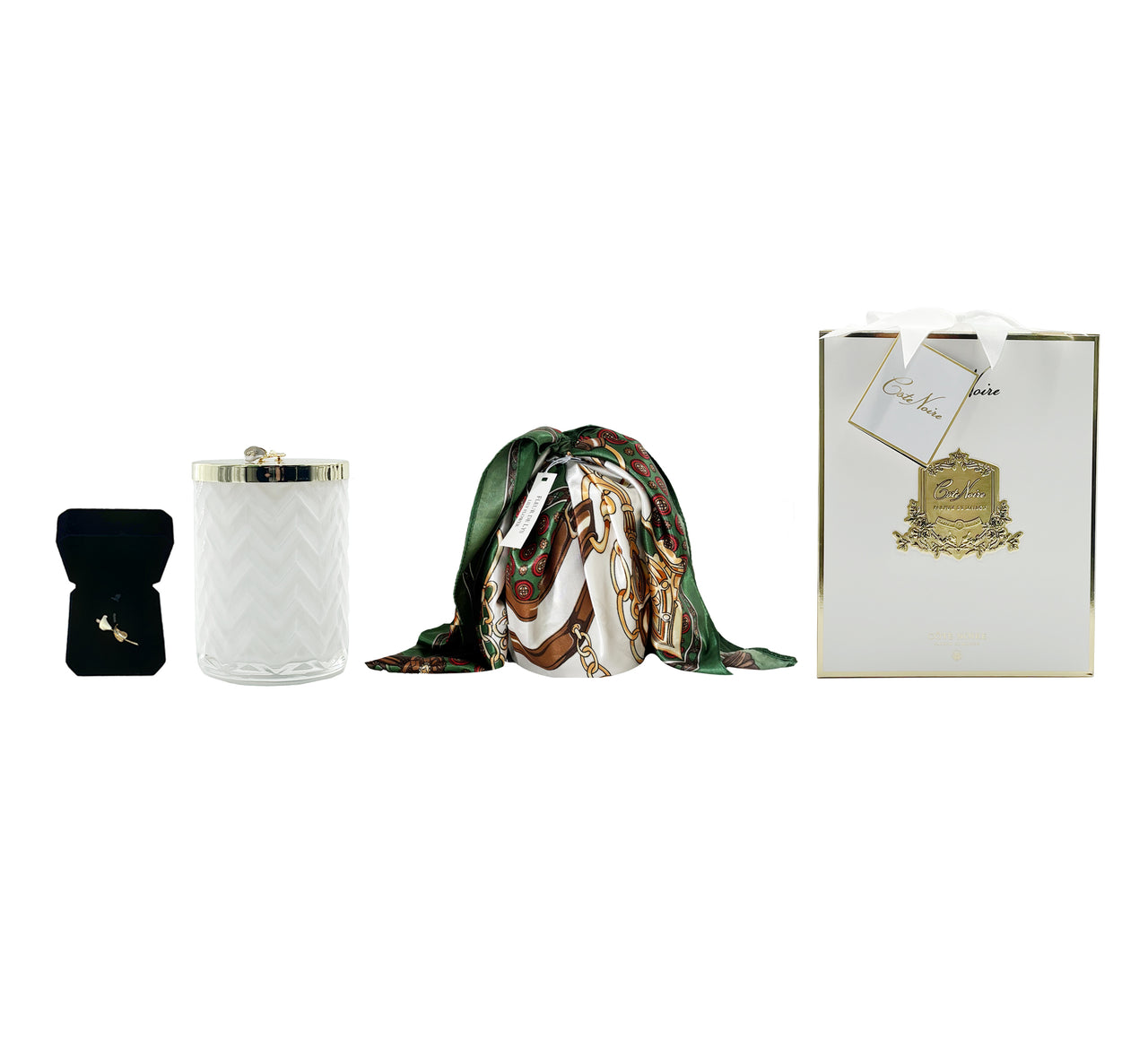 Cote Noire - Herringbone Candle With Scarf - White - Lilly Flower Lid - HCG06