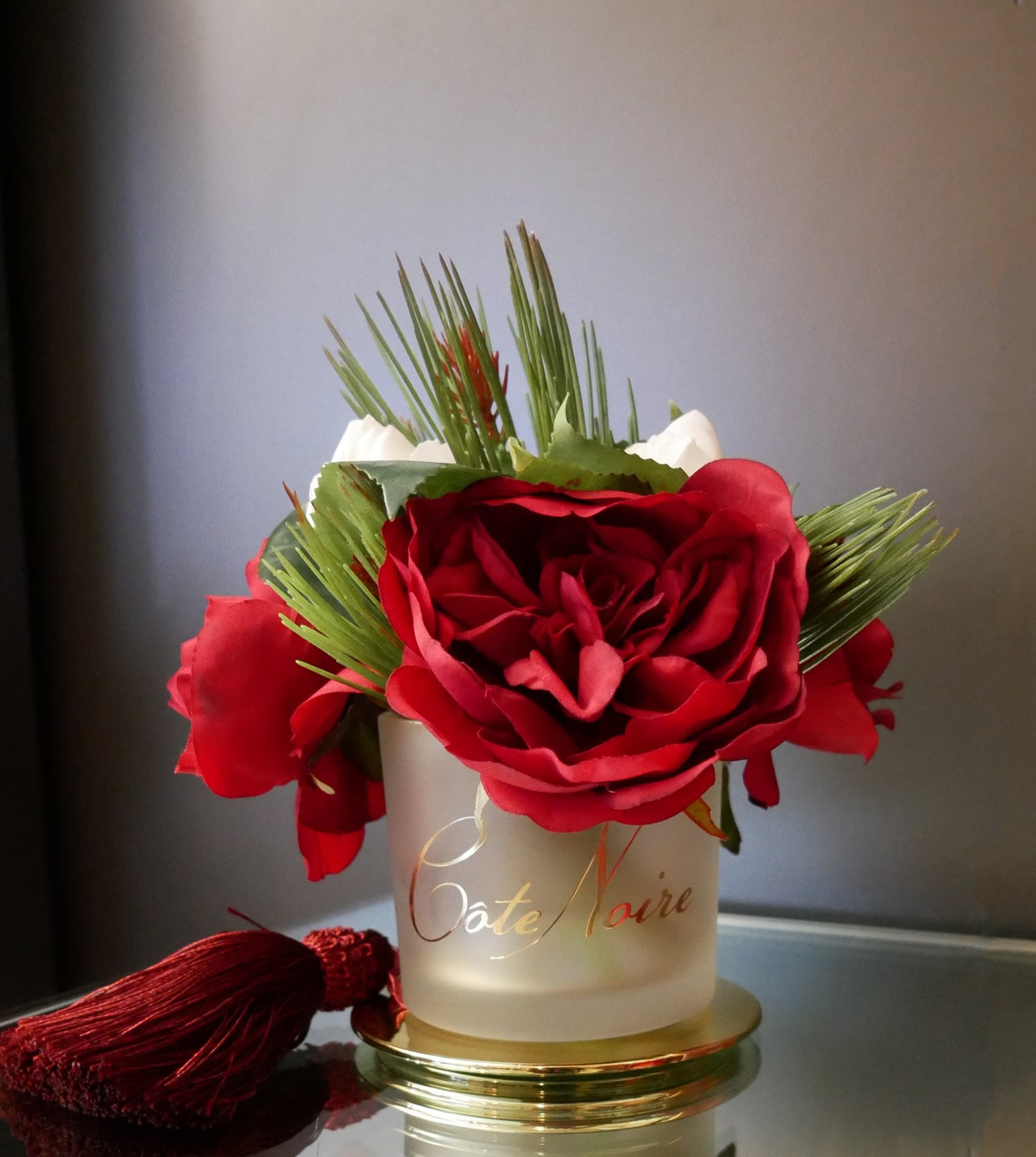 *CLEARANCE* Red Peonies in Clear Vessel with Gold base & red tassel