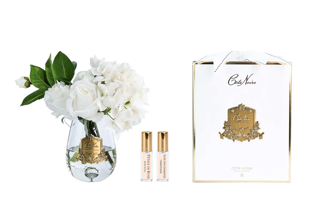 Tea Rose & Hydrangeas GOLD BADGE - Clear - White - TRH01