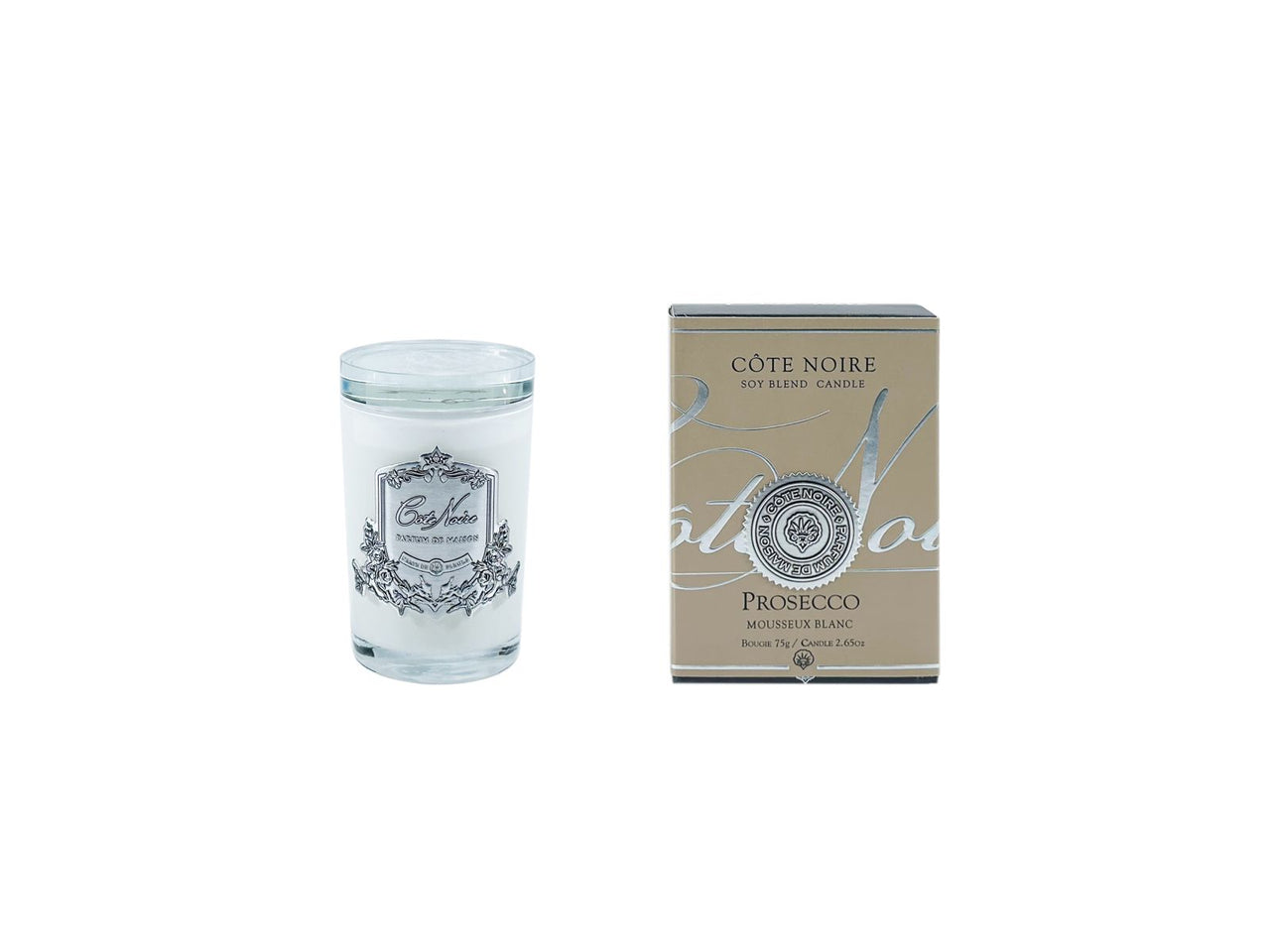 *CLEARANCE* White Vessel Candle 75gr - Prosecco - Silver Badge