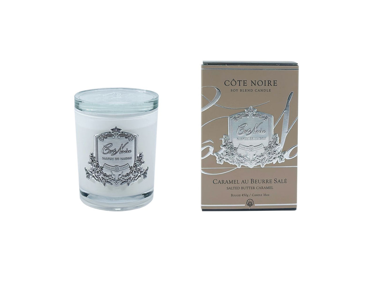 White Vessel Candle - Salted Butter Caramel - Silver Badge