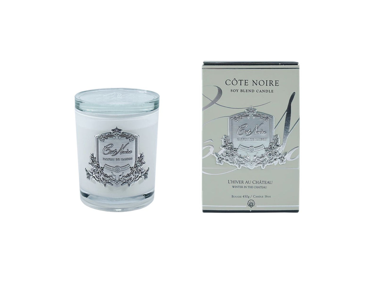 *CLEARANCE* White Vessel Candle 450gr - Winter in the Chateau - Silver Badge