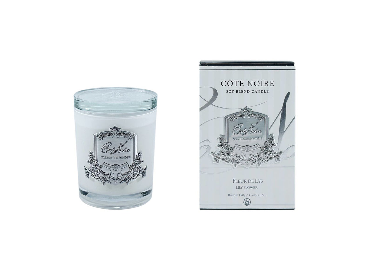 *CLEARANCE* White Vessel 450 gr Candle - Lily Flower - Silver Badge
