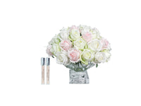 SAMPLE CENTREPIECE - 37 ROSEBUDS IN FRENCH PINK & GREEN & WHITE - SILVER BADGE - CPRB13