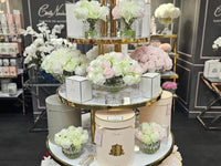 LUXURY CENTREPIECE - 37 ROSEBUDS IN FRENCH PINK & GREEN & WHITE - SILVER BADGE - CPRB13