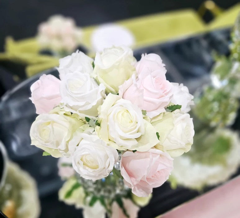 COTE NOIRE - LUXURY ROUND 13 ROSE BUDS BOUQUET IN FRENCH PINK & GREEN & WHITE - RRB13