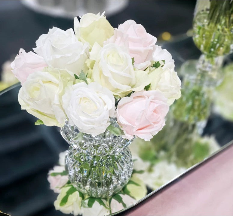 COTE NOIRE - LUXURY ROUND 13 ROSE BUDS BOUQUET IN FRENCH PINK & GREEN & WHITE - RRB13