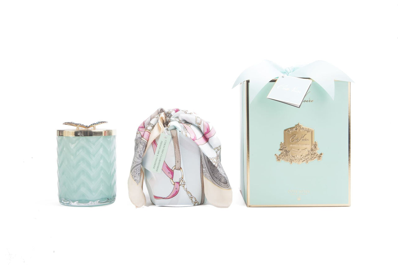 COTE NOIRE - HERRINGBONE CANDLE WITH SCARF - TIFFANY BLUE & GOLD - BUTTERFLY LID - HCG51
