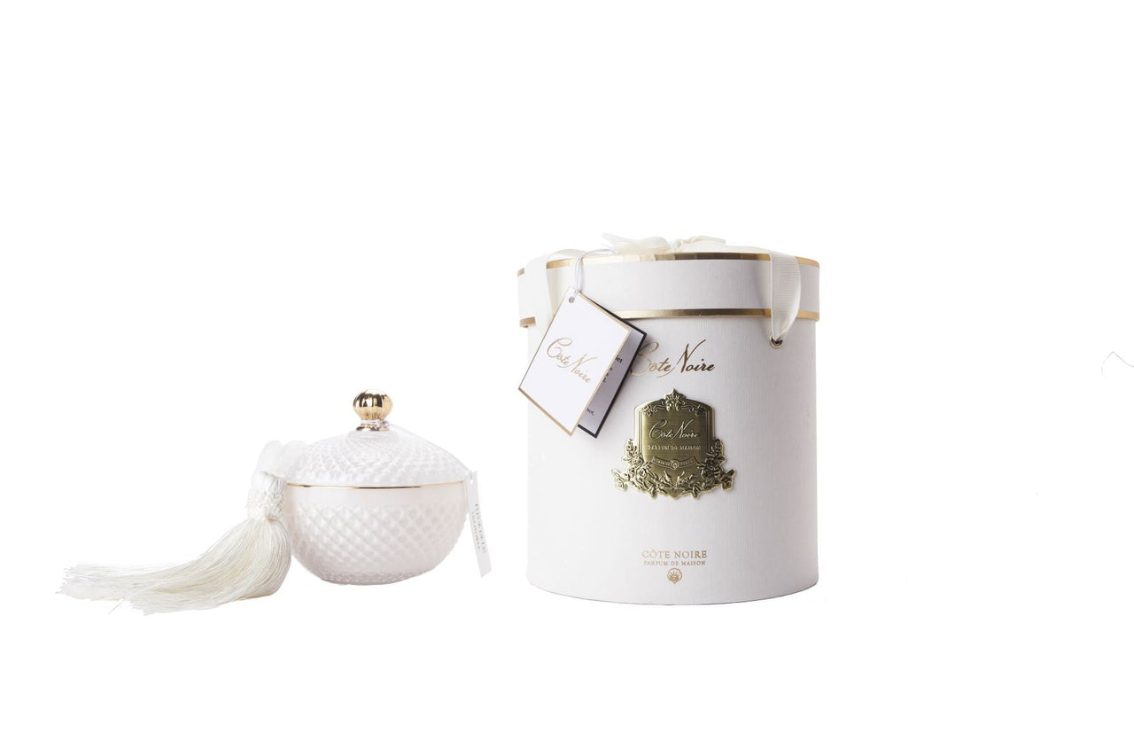 Round Art Deco Candle - White & Gold- Jasmine Flower Tea - GML30003