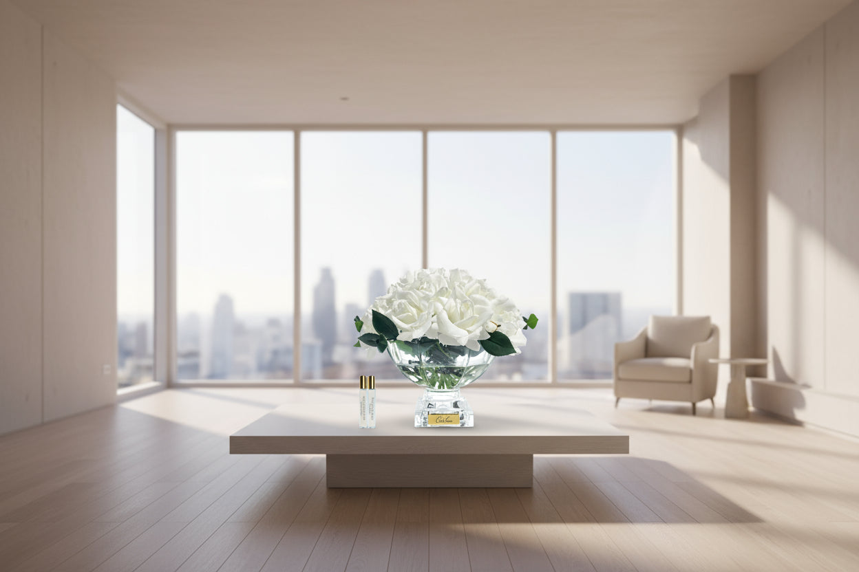 ** NEW ** Luxury Centrepiece -French Rose Bouquet in Ivory White & Gold badge - CPL01