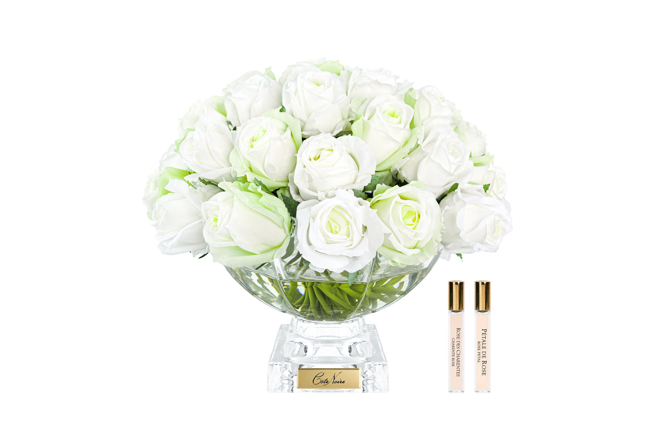 LUXURY CENTREPIECE - 37 ROSEBUDS IN GREEN & WHITE - SILVER BADGE - CPRB12