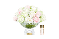 LUXURY CENTREPIECE - 37 ROSEBUDS IN FRENCH PINK & GREEN & WHITE - GOLD BADGE - CPRB13