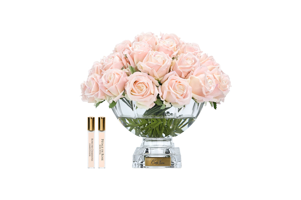 LUXURY CENTREPIECE - 37 ROSEBUDS IN CHAMPAGNE PINK - GOLD BADGE - CPRB15