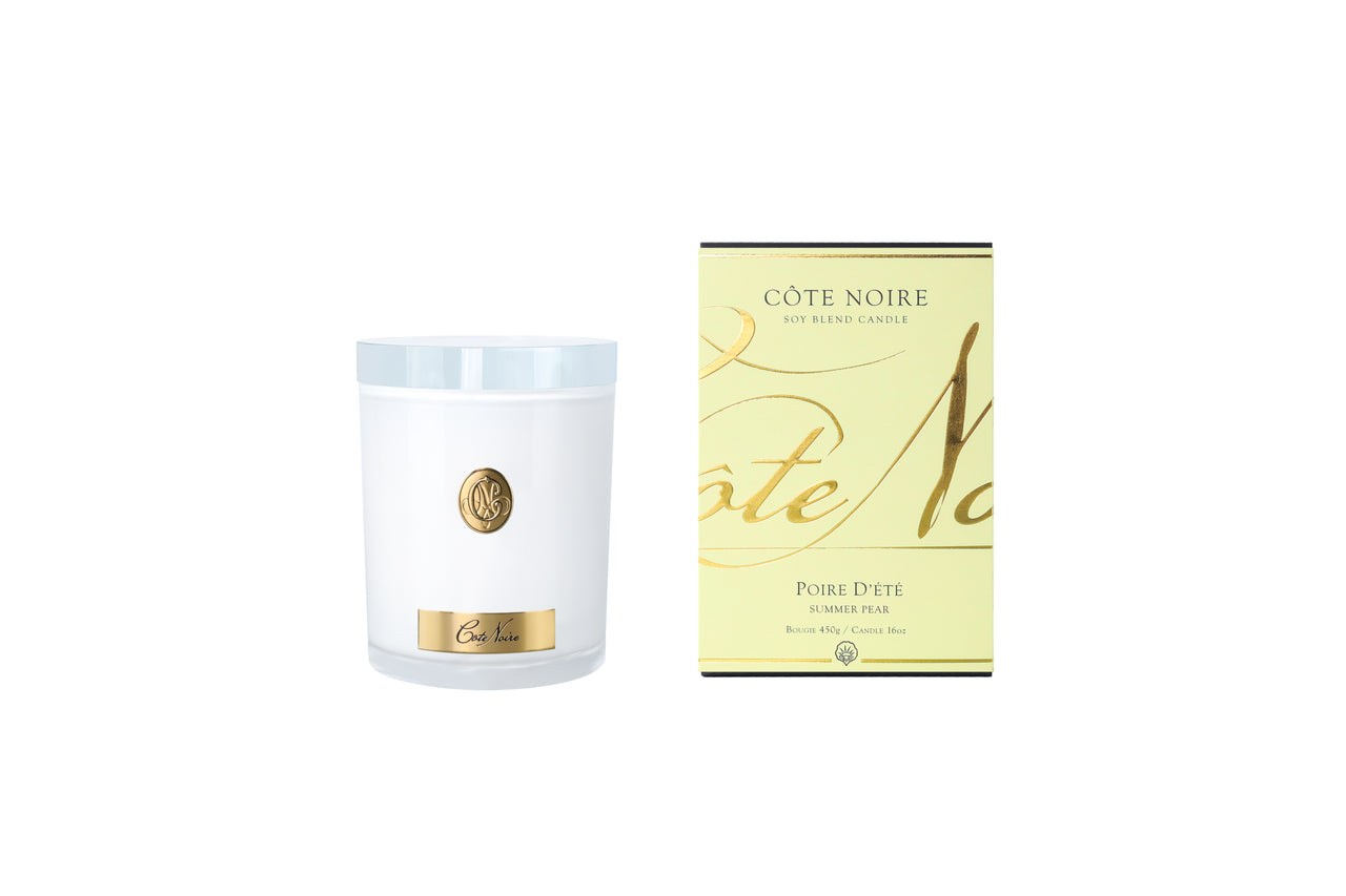 NEW - Cote Noire Soy Candle 450g - White Vessel with Gold Badge - Summer Pear - CWG45014