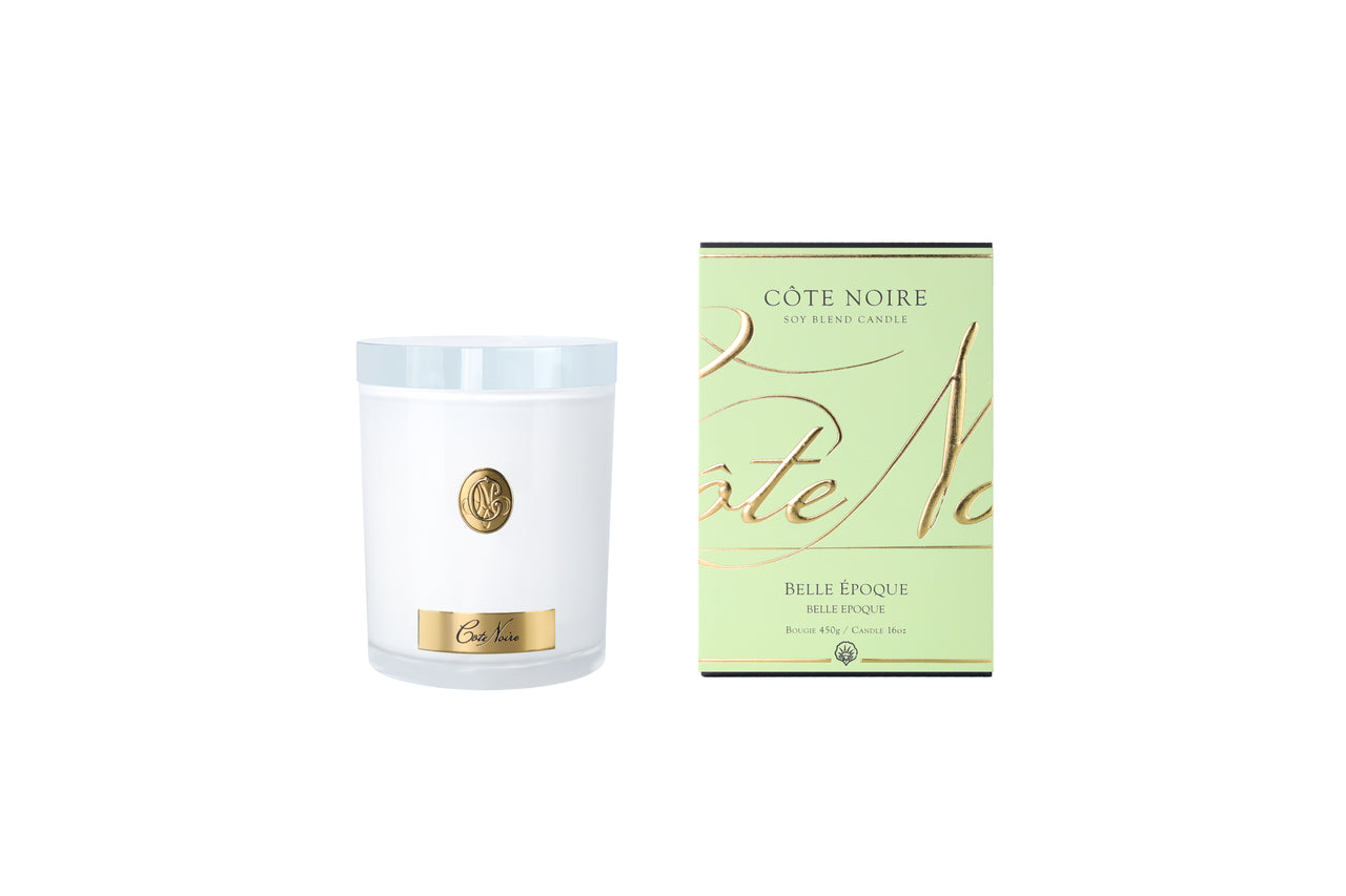 NEW - Cote Noire Soy Candle 450g - White Vessel with Gold Badge -Belle Epoque - CWG45040