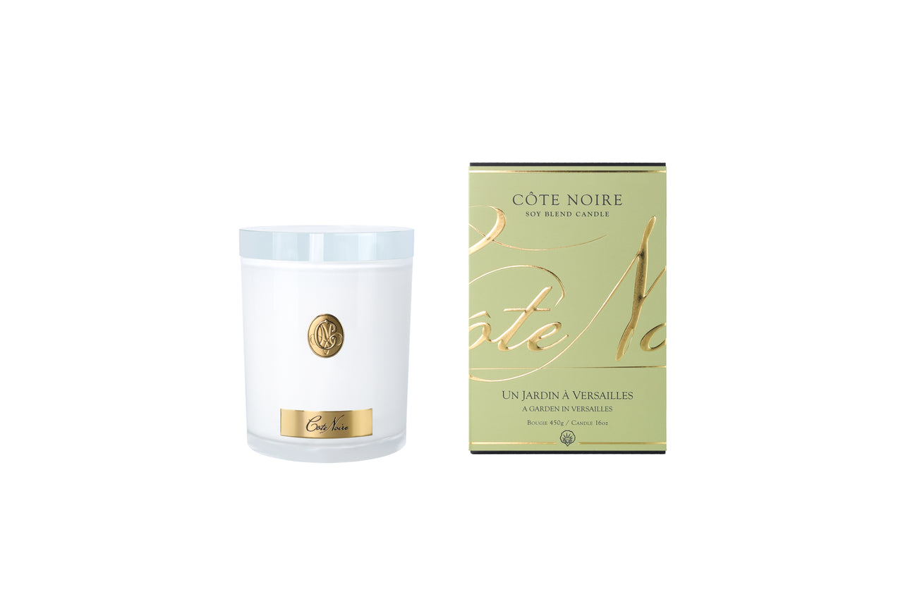 NEW - Cote Noire Soy Candle 450g - White Vessel with Gold Badge -A Garden in Versailles - CWG45041