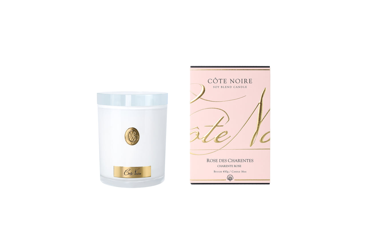 NEW - Cote Noire Soy Candle 450g - White Vessel with Gold Badge -Charente Rose - CWG45054