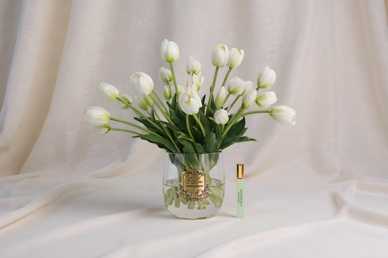 NEW - Cote Noire Heritage Tulips - Clear Vase with Gold Badge - White - HT01