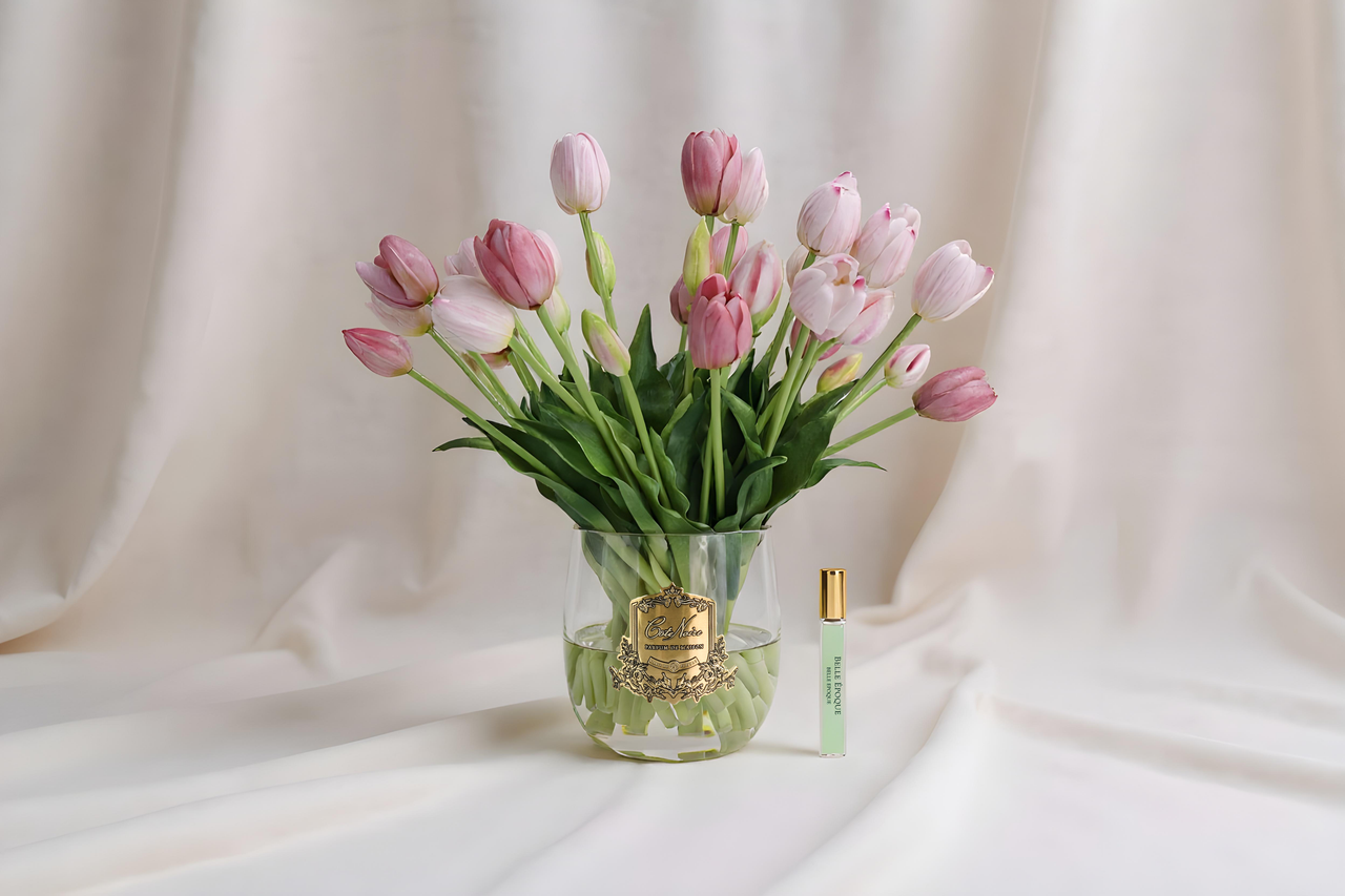 NEW - Cote Noire Heritage Tulips - Clear Vase with Gold Badge - Pink - HT02