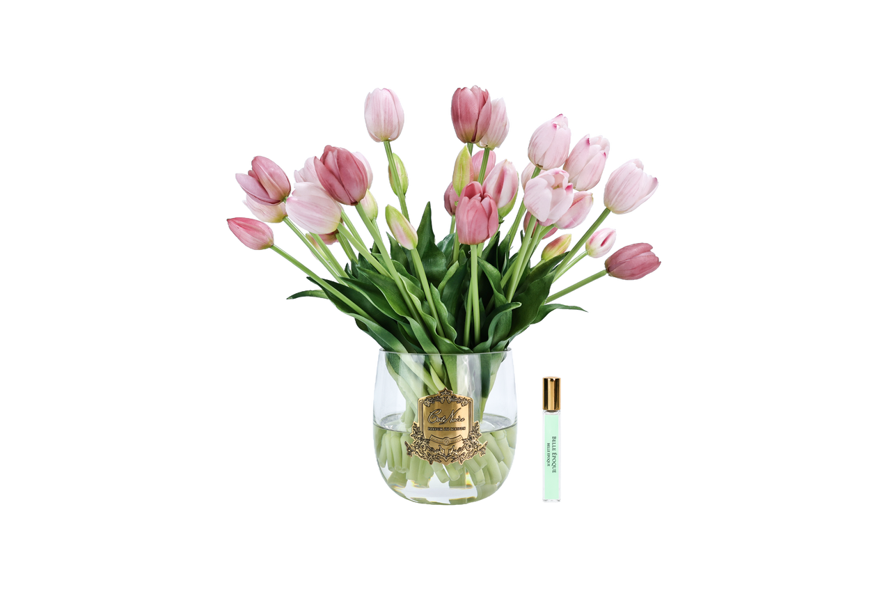 NEW - Cote Noire Heritage Tulips - Clear Vase with Gold Badge - Pink - HT02