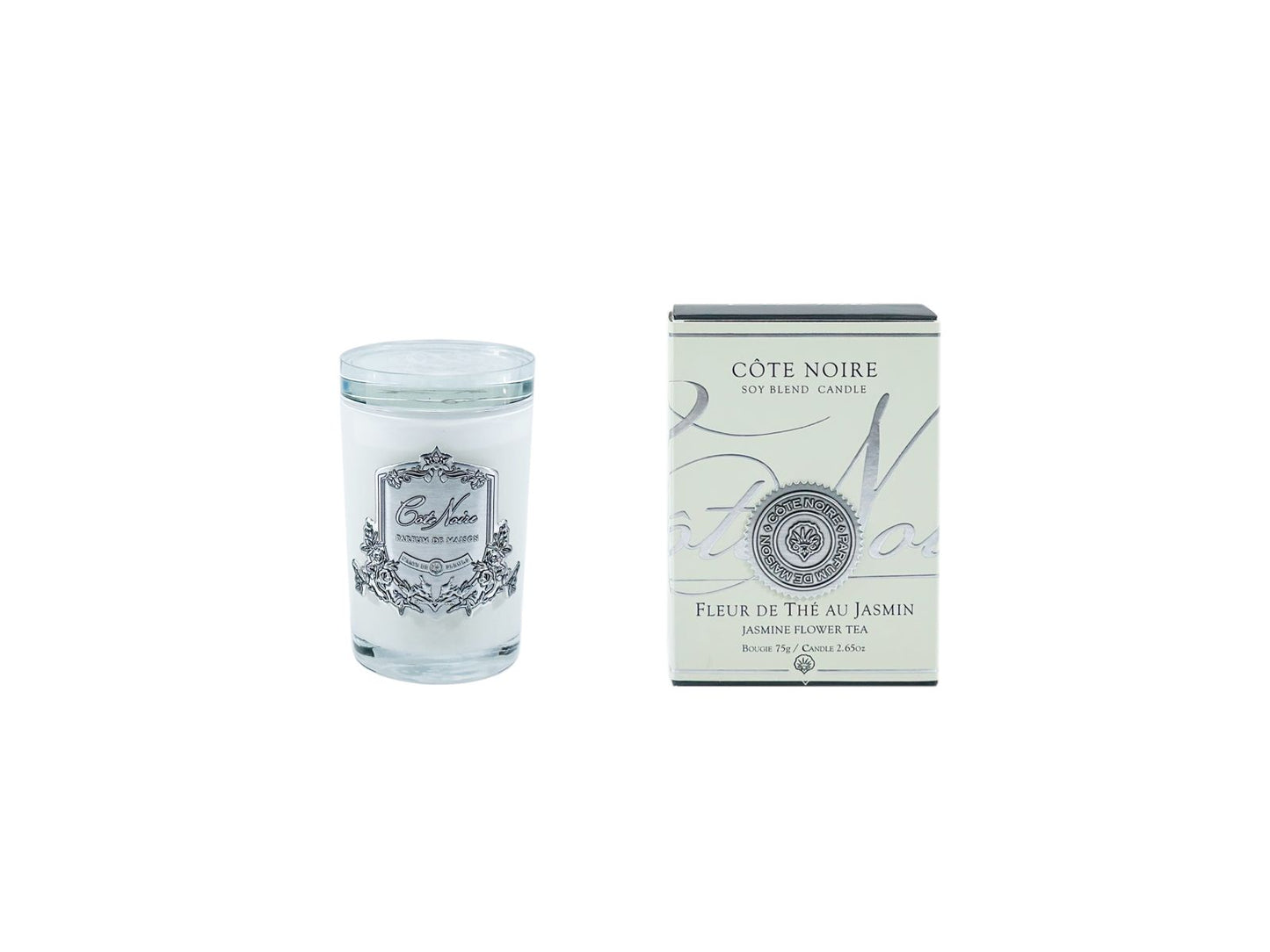 White Vessel Candle - Jasmine Flower Tea - Silver Badge