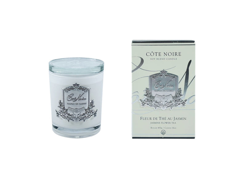 White Vessel Candle - Jasmine Flower Tea - Silver Badge