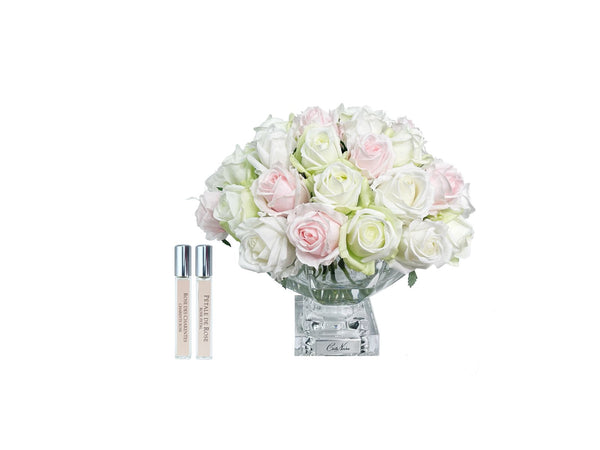 LUXURY CENTREPIECE - 37 ROSEBUDS IN FRENCH PINK & GREEN & WHITE - SILVER BADGE - CPRB13