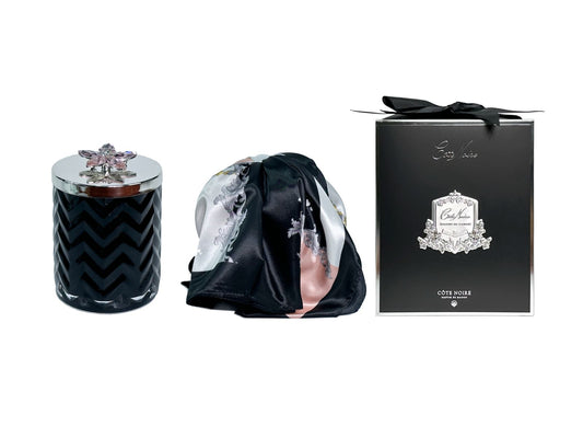 COTE NOIRE - HERRINGBONE CANDLE WITH SCARF - BLACK & SILVER - FLOWER LID - HCS02