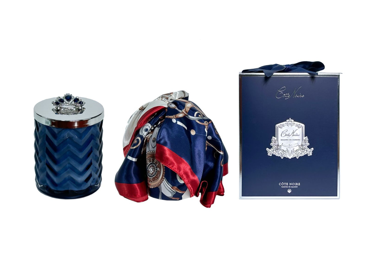 COTE NOIRE - HERRINGBONE CANDLE WITH SCARF - NAVY & SILVER - CROWN LID - HCS05