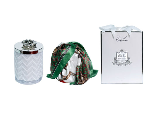 COTE NOIRE - HERRINGBONE CANDLE WITH SCARF - WHITE & SILVER - FLOWER LID - HCS06