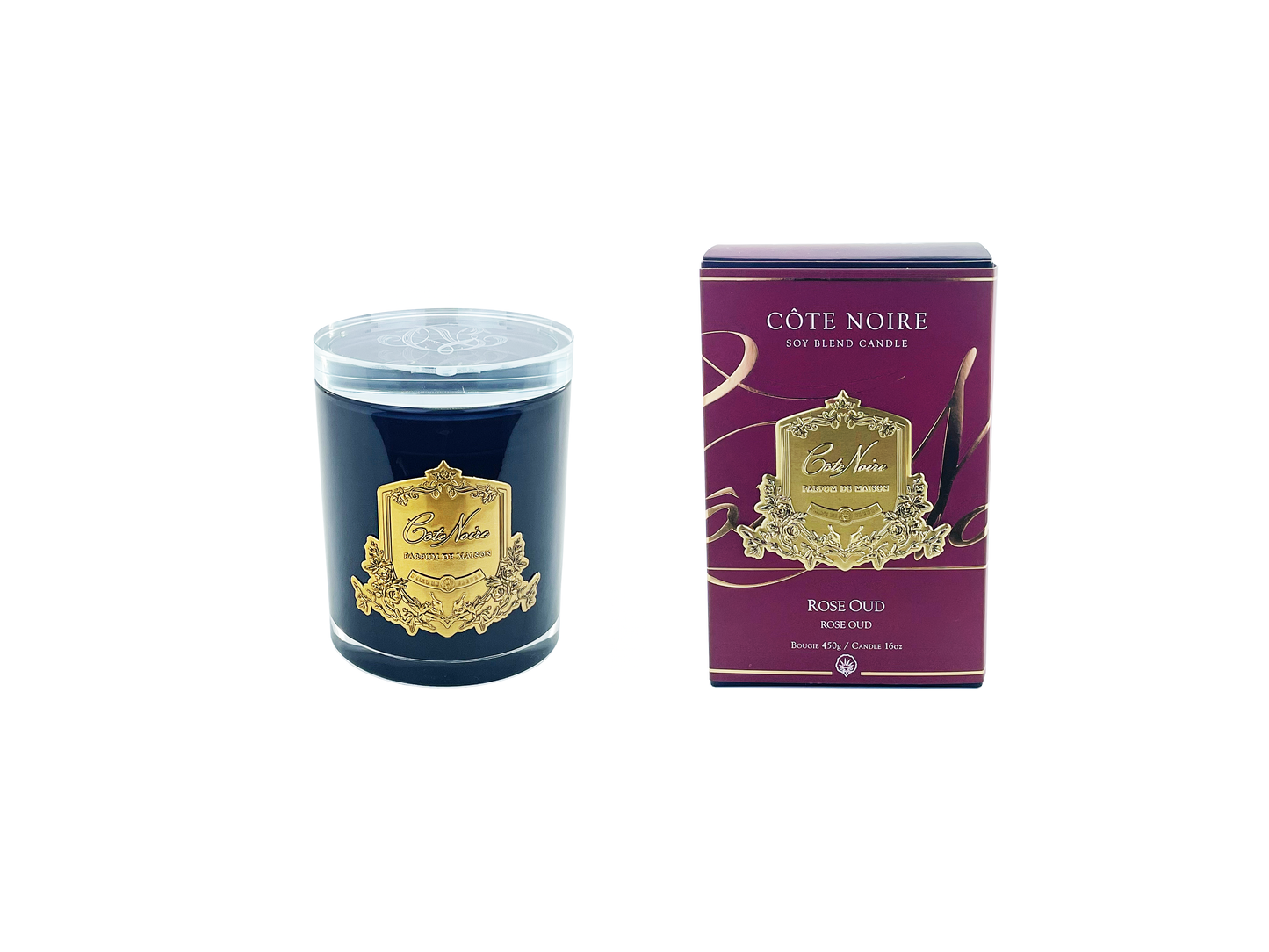 NEW Cote Noire Soy Blend Candle - Rose Oud - Gold - Crystal Glass Lid