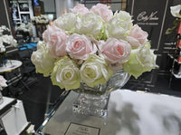 SAMPLE CENTREPIECE - 37 ROSEBUDS IN FRENCH PINK & GREEN & WHITE - SILVER BADGE - CPRB13