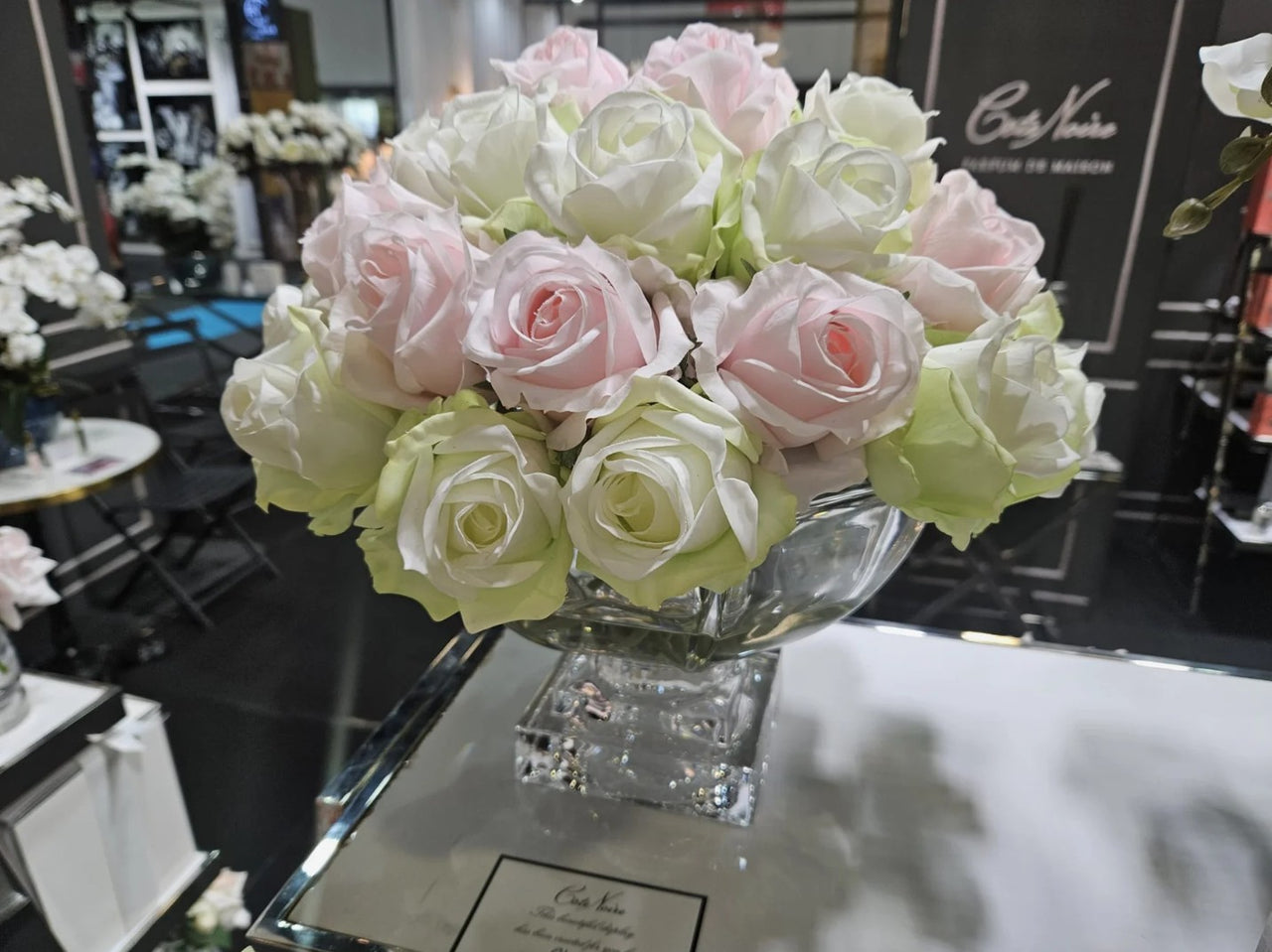LUXURY CENTREPIECE - 37 ROSEBUDS IN FRENCH PINK & GREEN & WHITE - SILVER BADGE - CPRB13