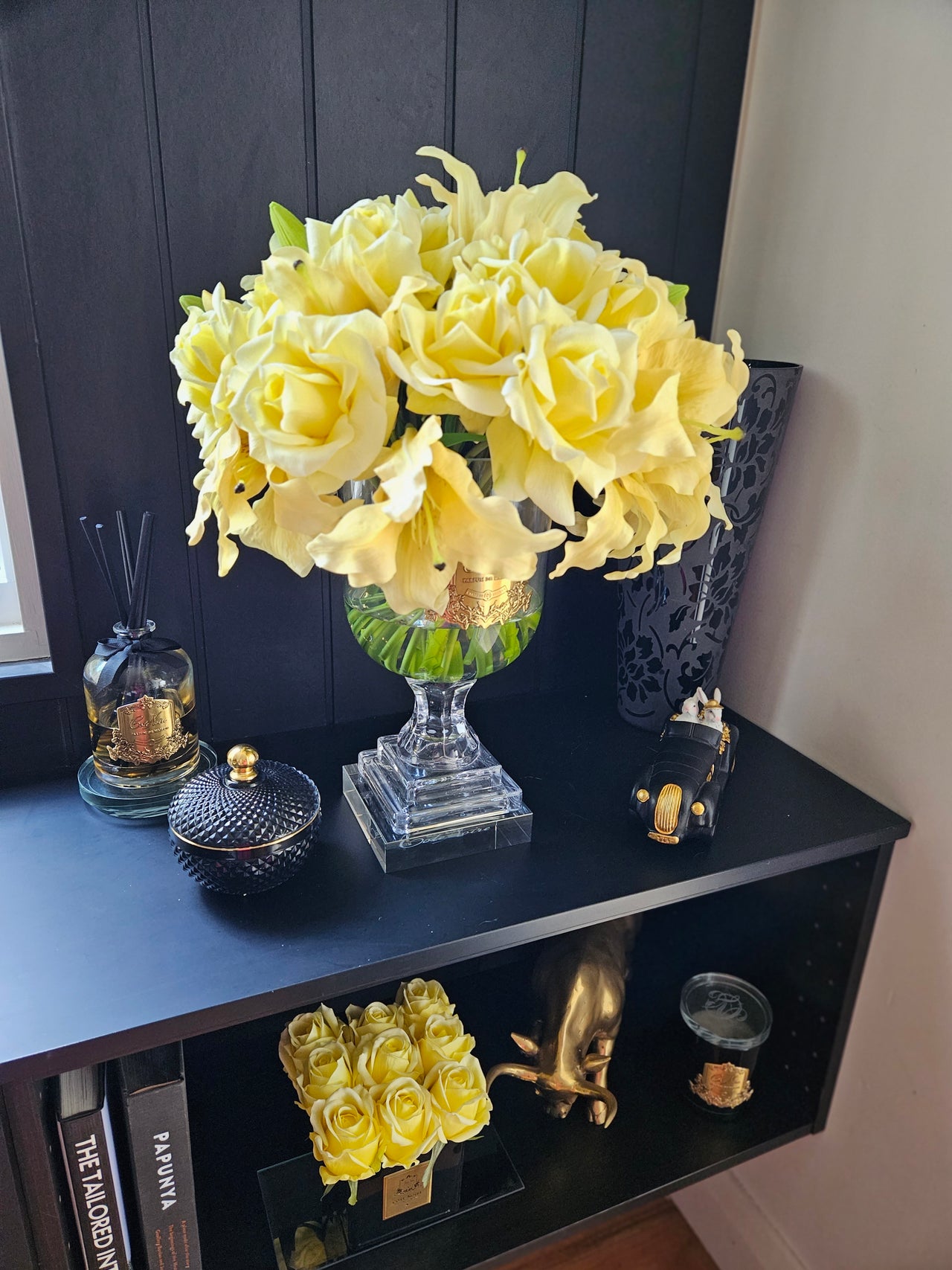 white roses and yellow lilies LUXURY VERSAILLES LILIES & ROSES BOUQUET - YELLOW - GOLD BADGE