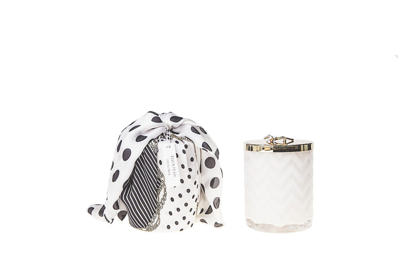 Cote Noire - Herringbone Candle With Scarf - White - Lilly Flower Lid - HCG06