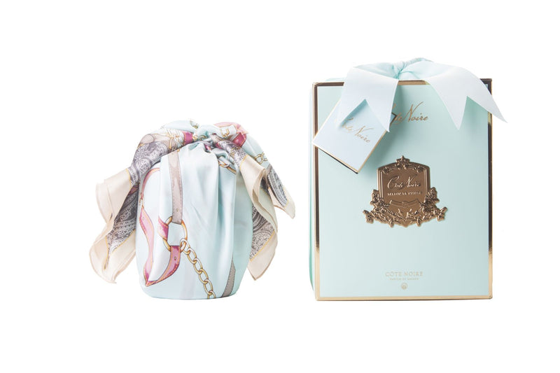 COTE NOIRE - HERRINGBONE CANDLE WITH SCARF - TIFFANY BLUE & GOLD - BUTTERFLY LID - HCG51