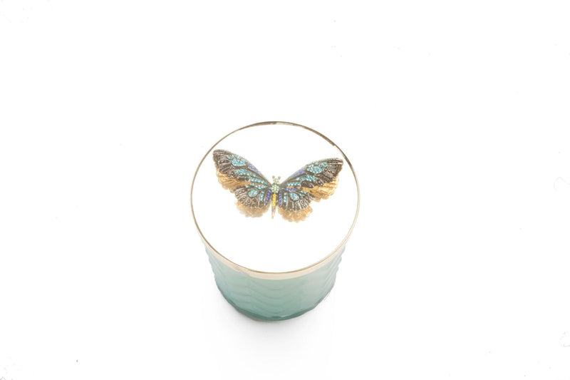 COTE NOIRE - HERRINGBONE CANDLE WITH SCARF - TIFFANY BLUE & GOLD - BUTTERFLY LID - HCG51