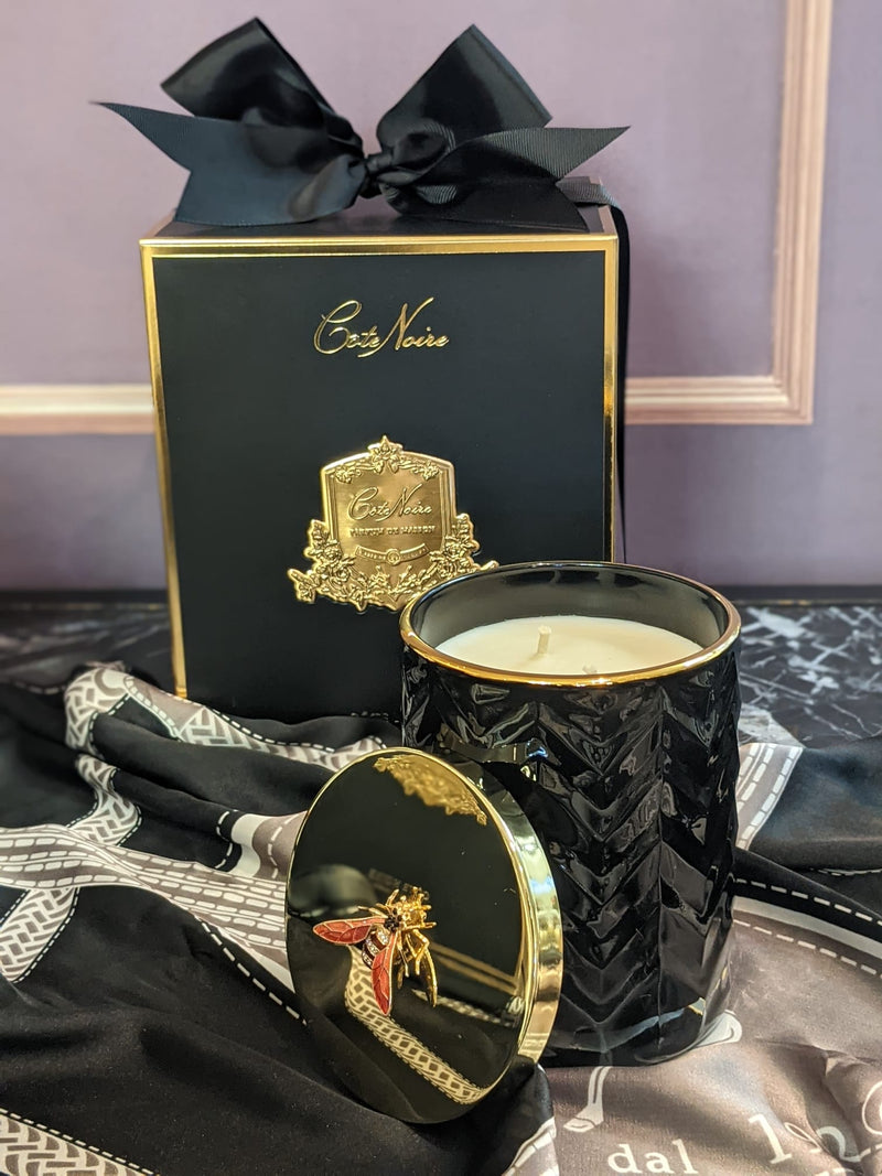 Cote Noire - Herringbone Candle With Scarf - Black & Gold - Red bee Lid - HCG02