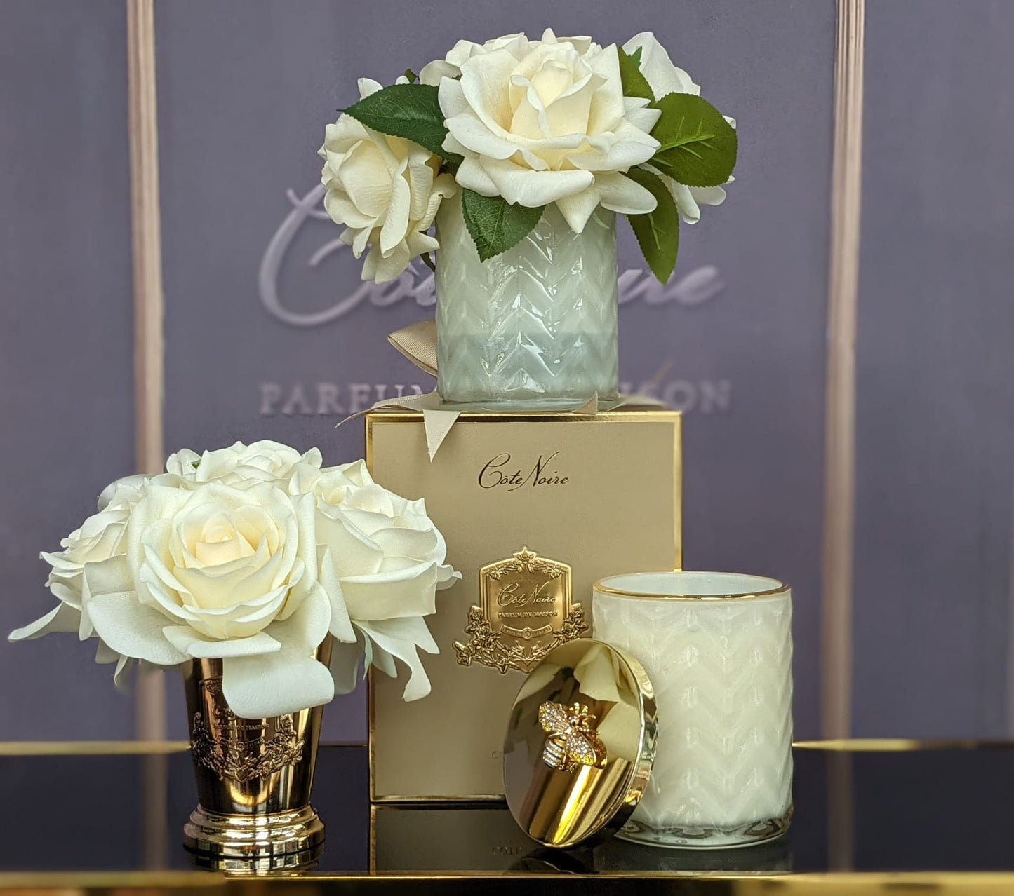 Cote Noire - Seven Rose Bouquet in Champagne - Gold Goblet - SMC05