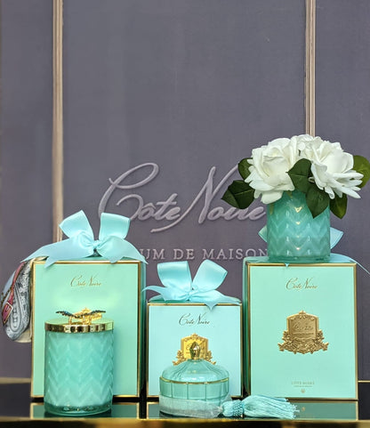 COTE NOIRE - HERRINGBONE CANDLE WITH SCARF - TIFFANY BLUE & GOLD - BUTTERFLY LID - HCG51